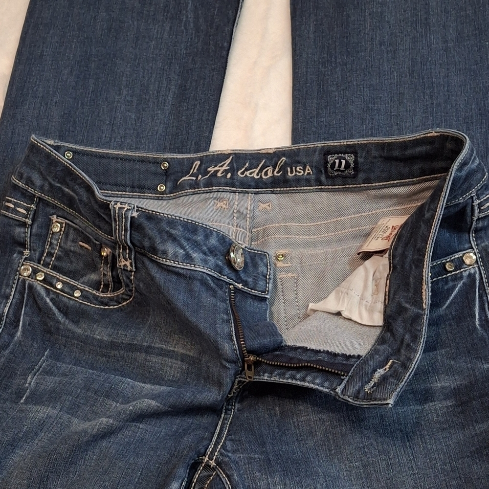 LA Idol USA Embellished Denim Stretch Blue Bootleg Jeans    Size 11 (W33 L34) - Picture 9 of 16